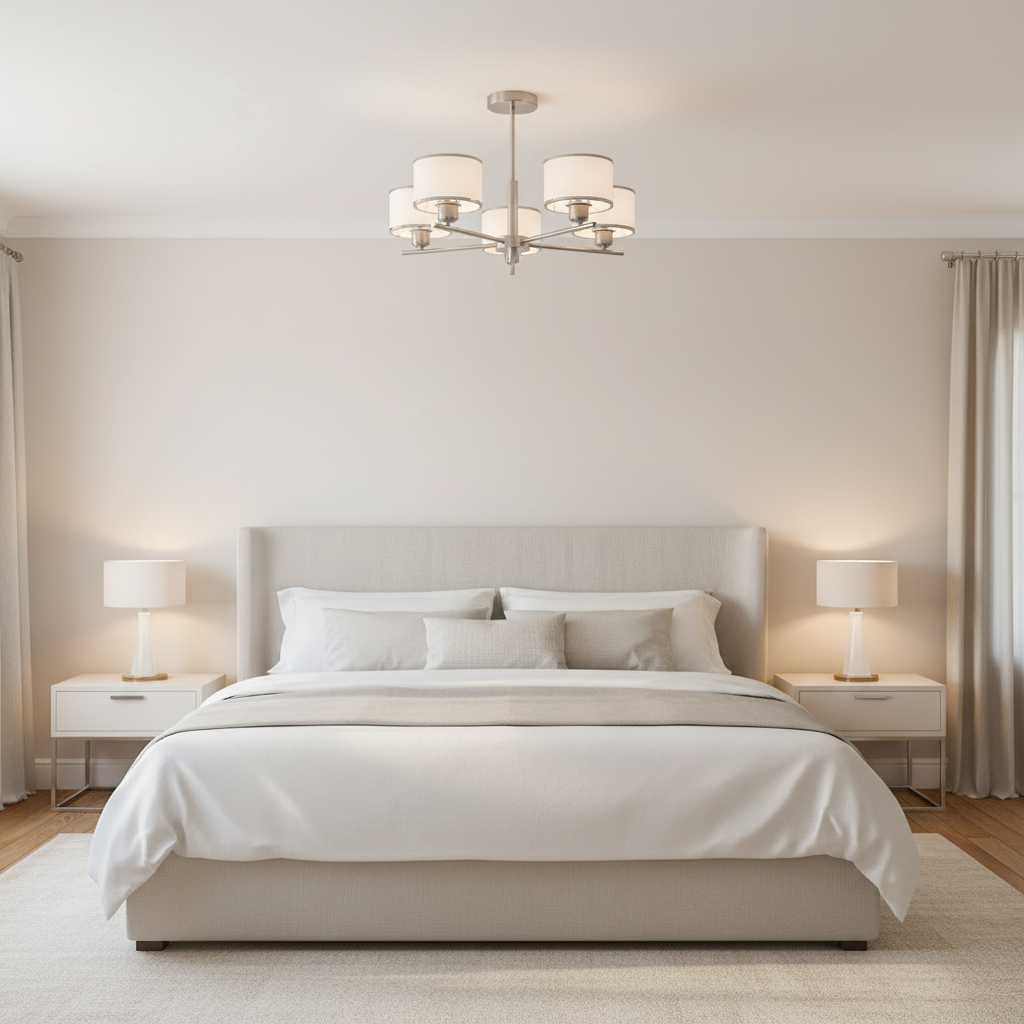 amos-lighting-Franklite-Polaris-5-Light-Satin-Nickel-White-Drum-Shades-Bedroom