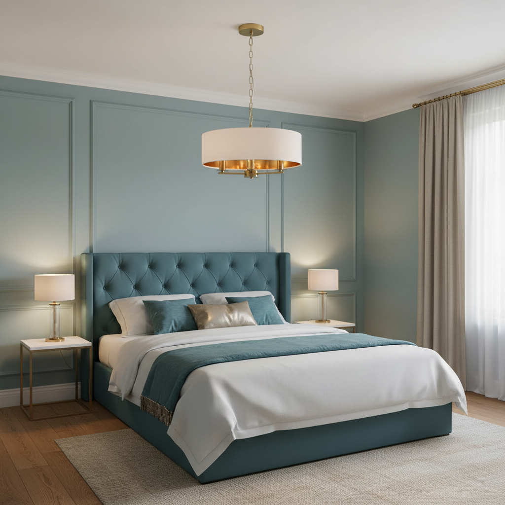 amos-lighting-Franklite-Windsor-3-Light-Pendant-Aged-Brass-45cm-White-Drum-Teal-Blue-Bedroom