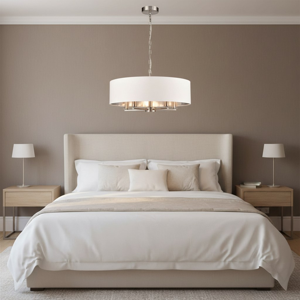 amos-lighting-Franklite-Windsor-5-Light-Pendant-Satin-Nickel-White-Drum-Bedroom
