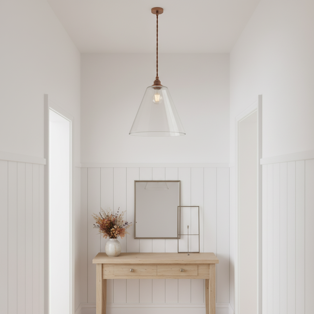 amos-lighting-Soho-Lighting-Forster-Clear-Cone-Glass-Pendant-Light-Old-English-Bronze-Brown-Twisted-Cable-Hallway