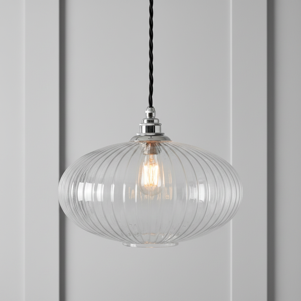 amos-lighting-Soho-Lighting-Henley-Ellipse-Ribbed-Clear-Glass-Pendant-Light-Nickel-Small-Cap-Black-Twisted-Cable-Grey-Panel