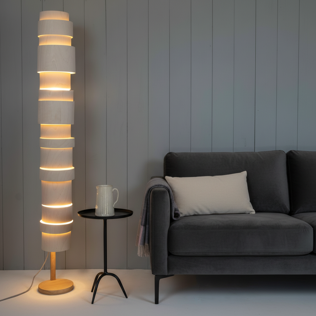 amos-lighting-Stuart-Lamble-Tower-Floor-Lamp-Oak-Stacked-Veneer-Rings-Charcoal-Velvet-Sofa-Grey-Panel