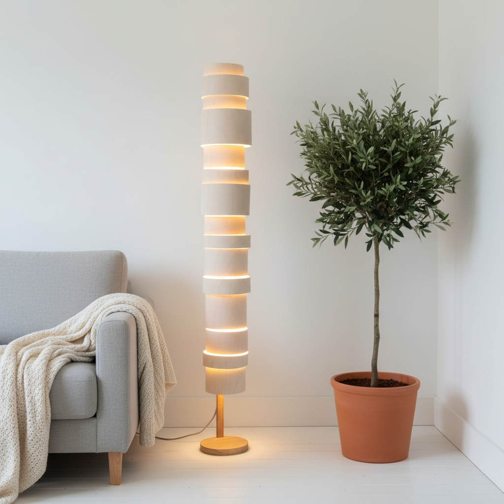 amos-lighting-Stuart-Lamble-Tower-Floor-Lamp-Oak-Stacked-Veneer-Rings-White-Walls-Grey-Linen-Sofa-Olive-Tree