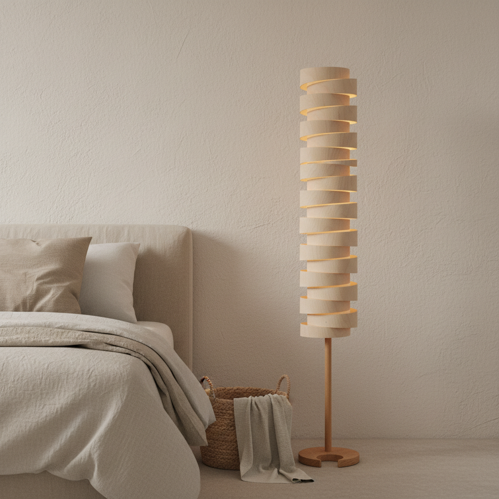 amos-lighting-Stuart-Lamble-Wrap-Floor-Lamp-Natural-Plywood-Rings-Cornish-Coastal-Bedroom
