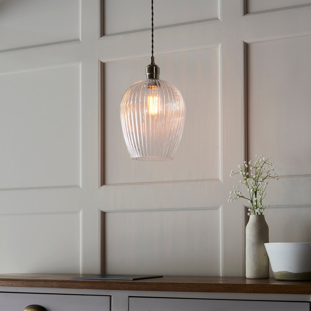 Amos Lucid Pendant Polished Nickel Ribbed Glass – from Amos Lighting + Home