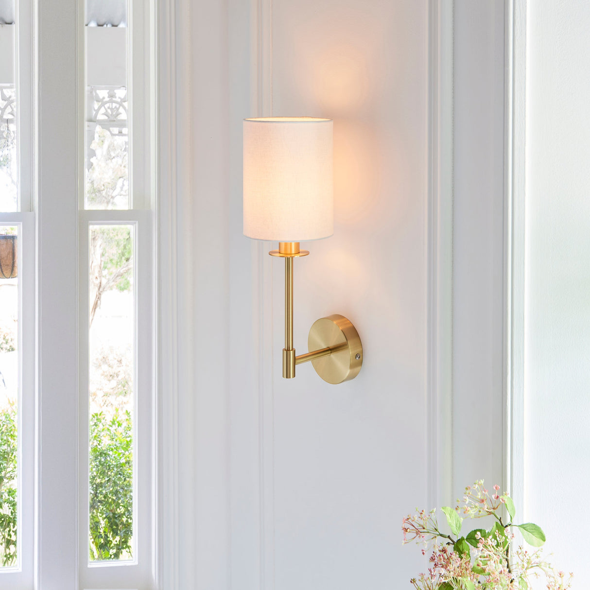 Amos Minerva Wall Light Satin Brass with Shade – from Amos Lighting + Home
