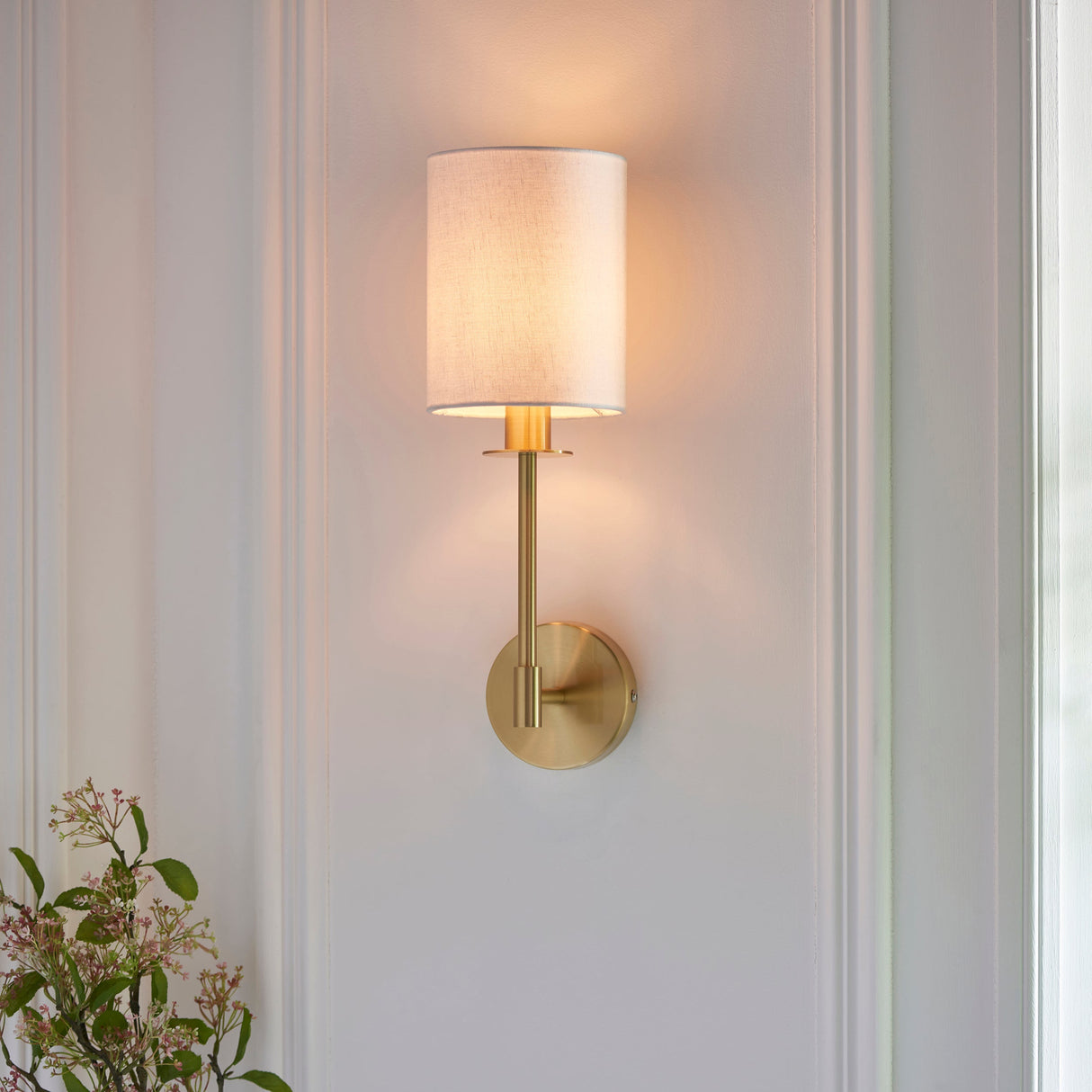 Amos Minerva Wall Light Satin Brass with Shade – from Amos Lighting + Home