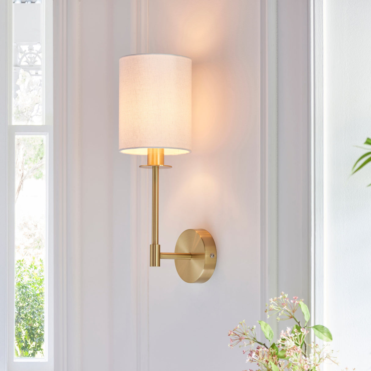 Amos Minerva Wall Light Satin Brass with Shade – from Amos Lighting + Home