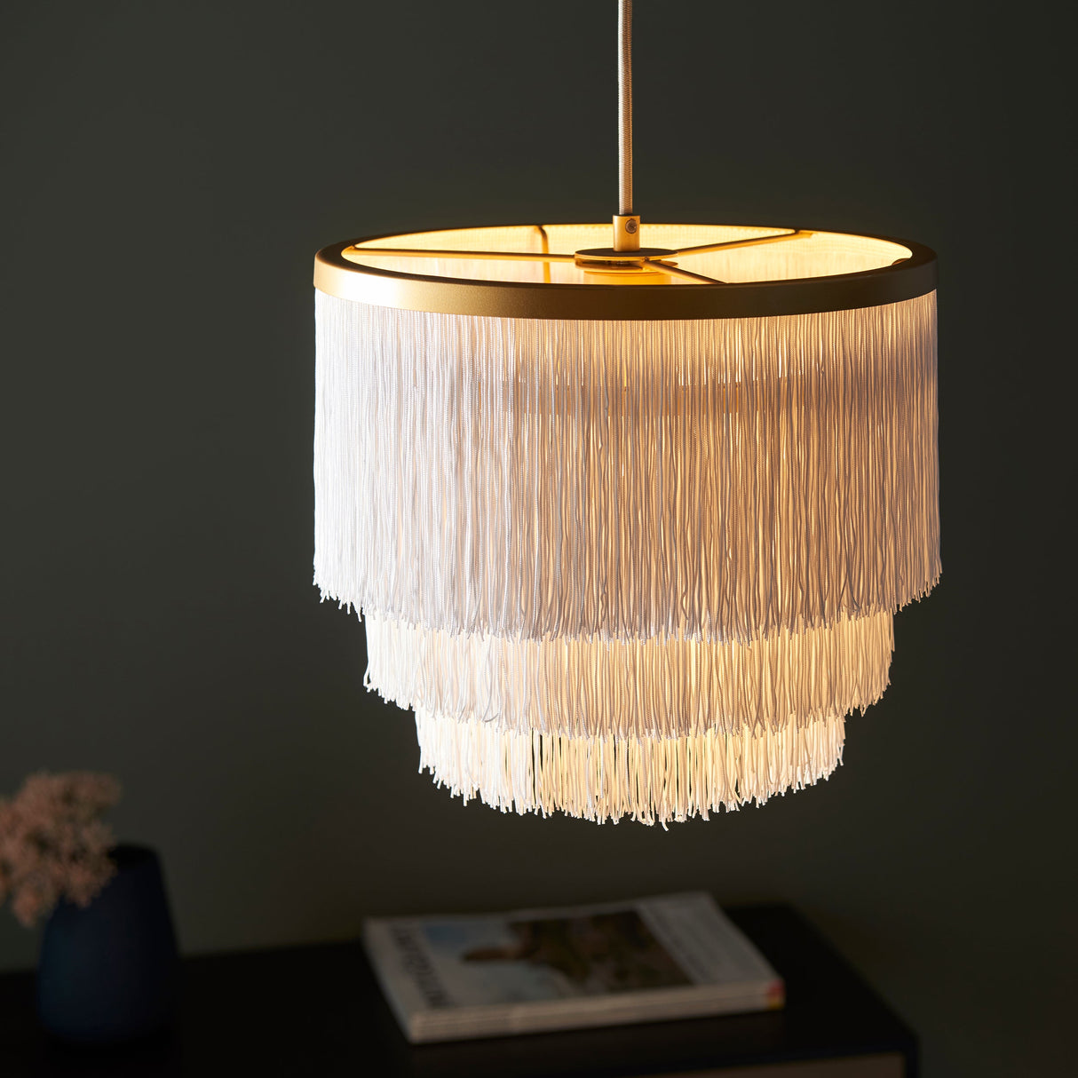 Amos Ruffle Chandelier Small Matt Gold with White Tassels – from Amos Lighting + Home
