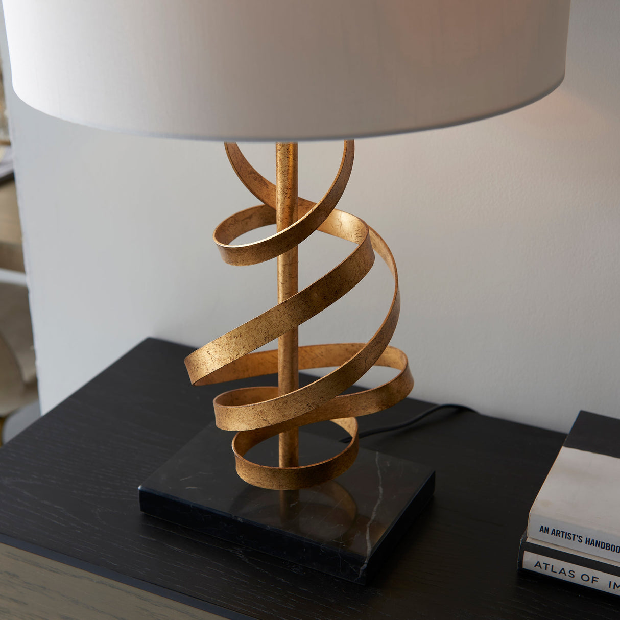 Amos Sennan Table Lamp Gold Leaf & Ivory Cotton – from Amos Lighting + Home