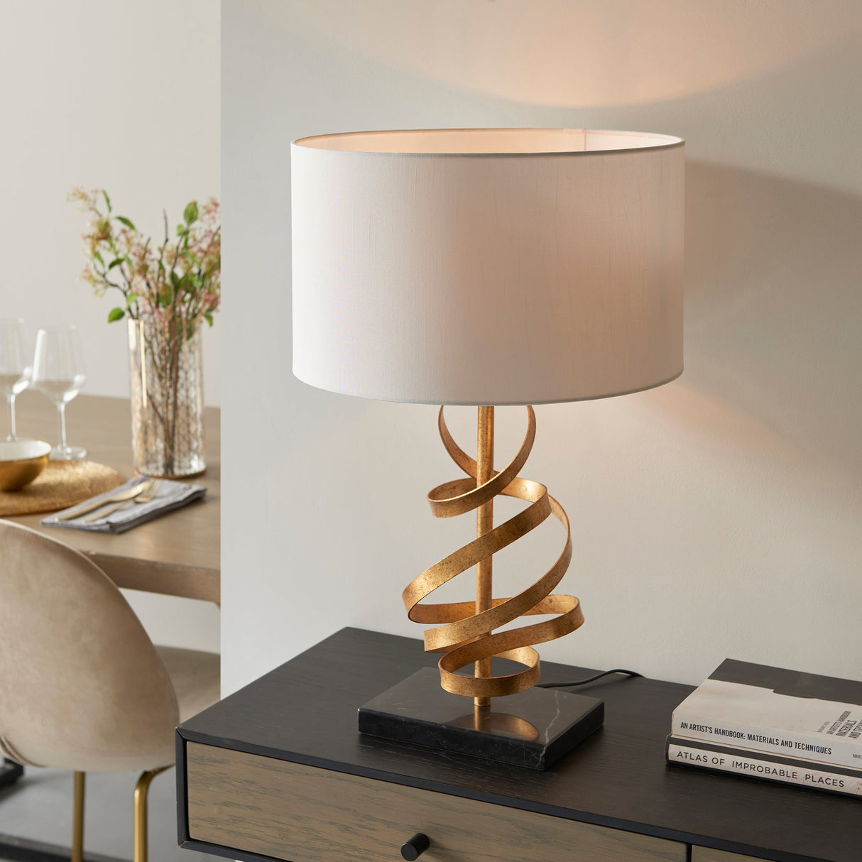 Amos Sennan Table Lamp Gold Leaf & Ivory Cotton – from Amos Lighting + Home