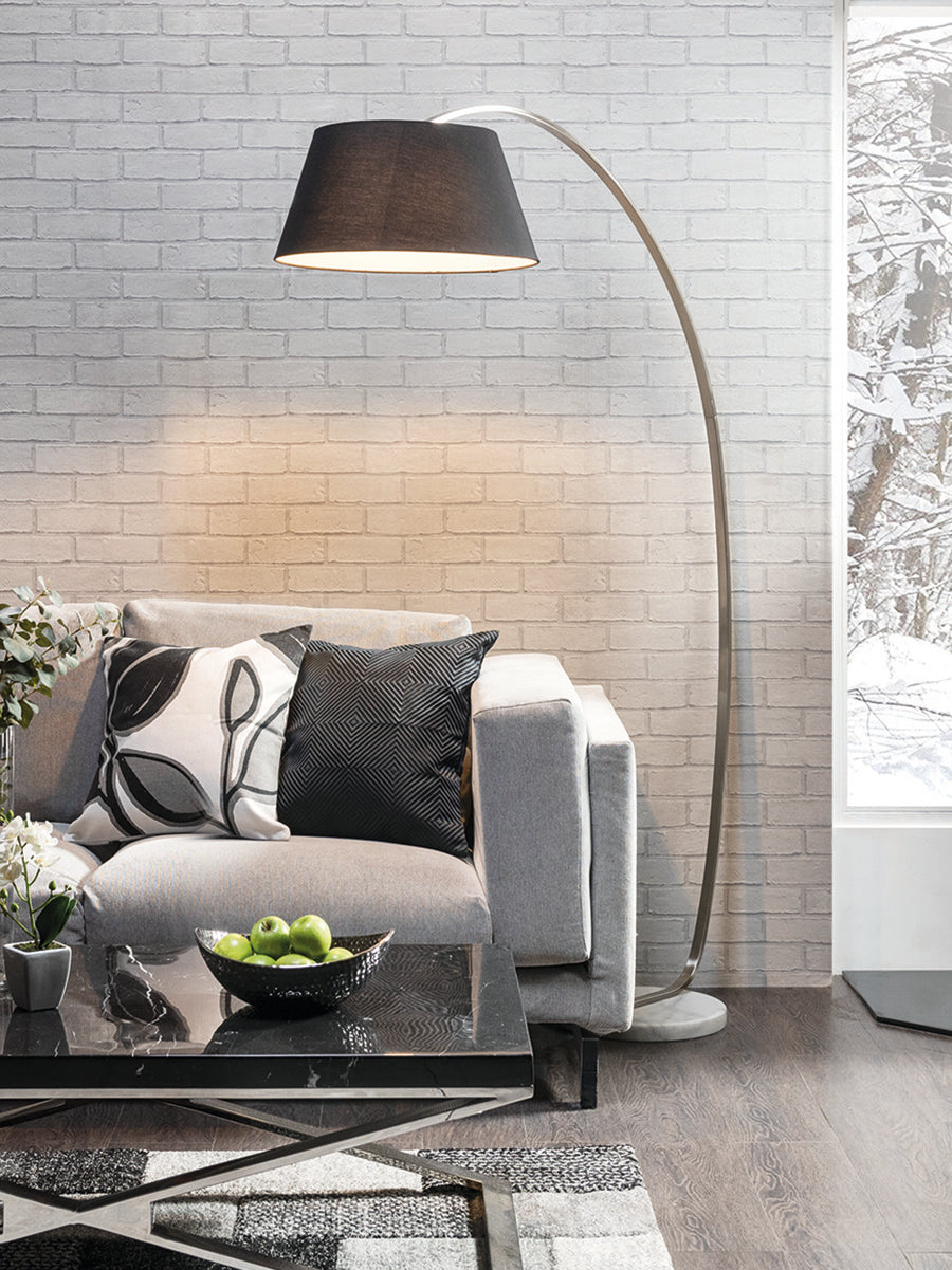 Brick Lane Arc Floor Lamp White Marble Base with Black Shade – from Amos Lighting + Home