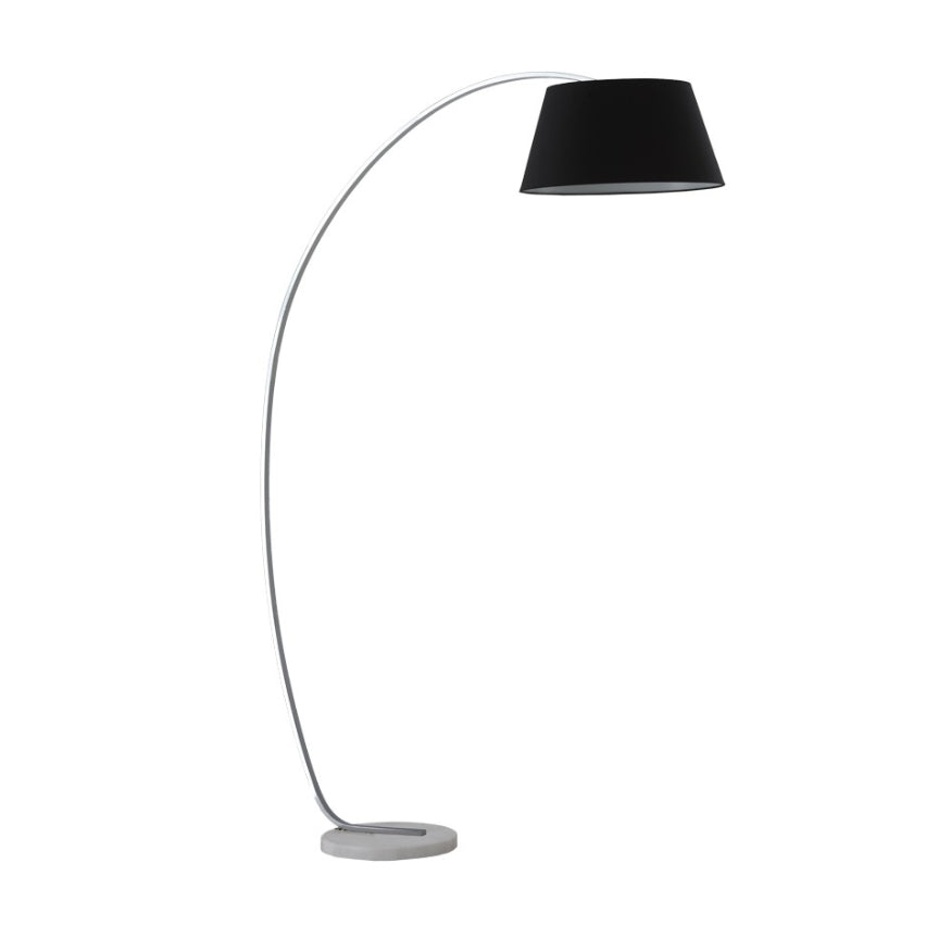 Modern arc floor lamp with black shade and white marble base on white background