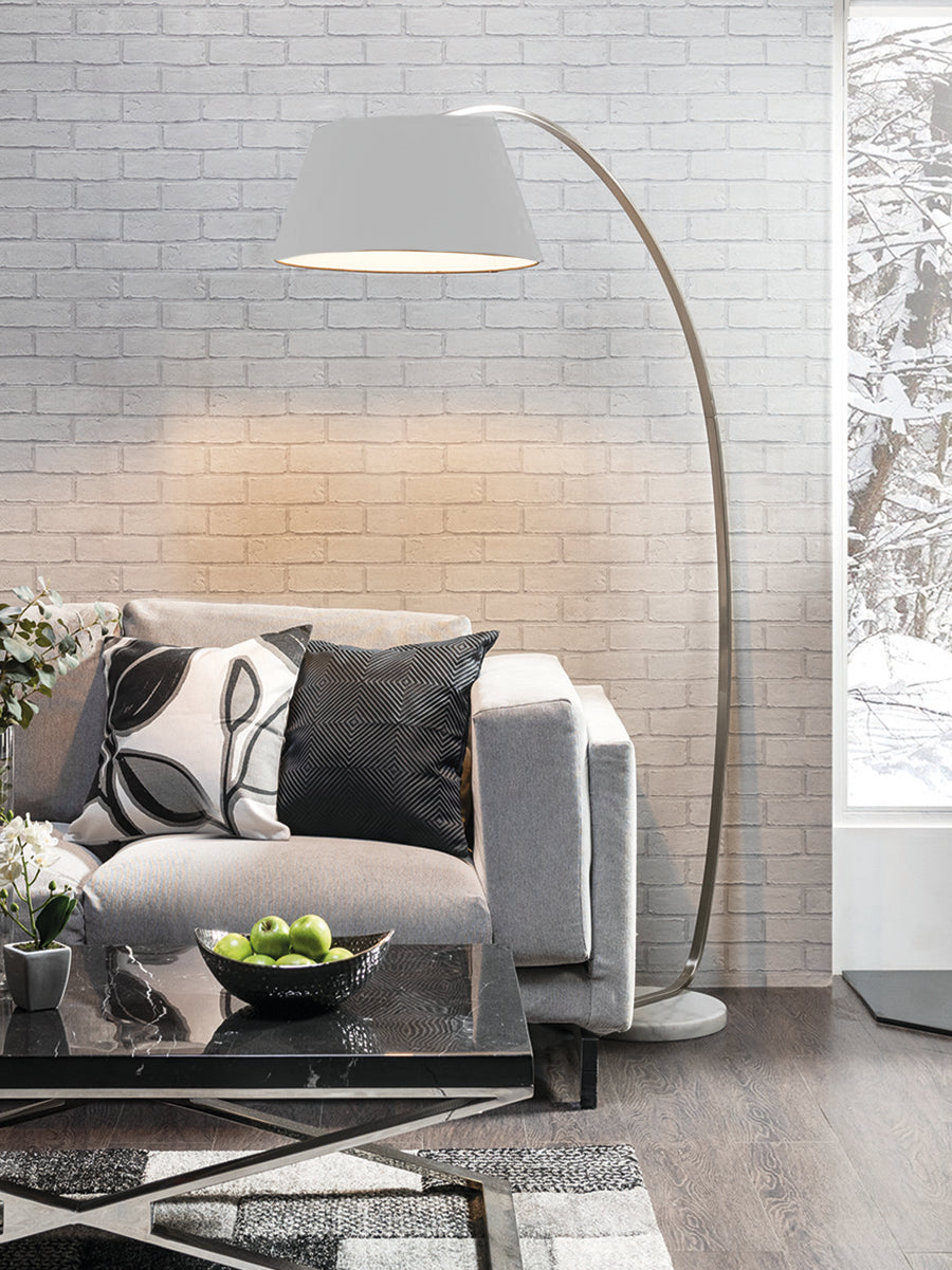 Brick Lane Arc Floor Lamp White Marble Base with Grey Shade – from Amos Lighting + Home