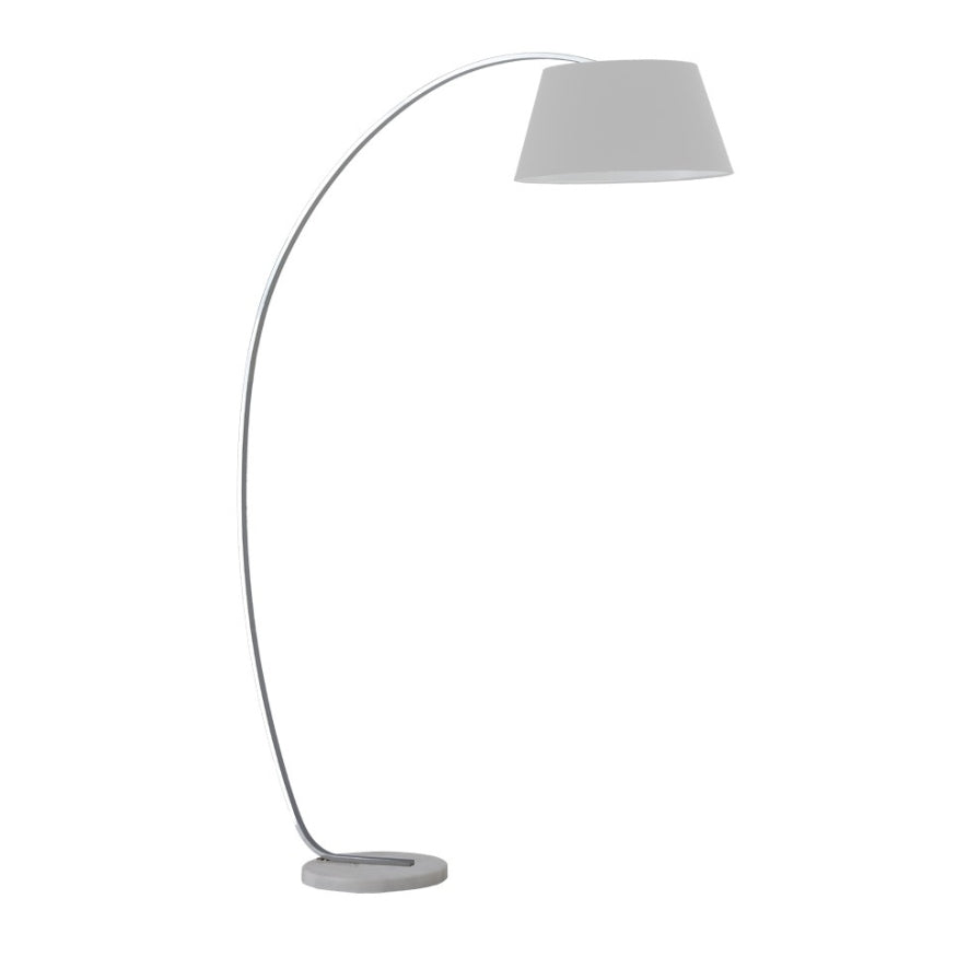 Modern arc floor lamp with grey lampshade and white marble base on white background