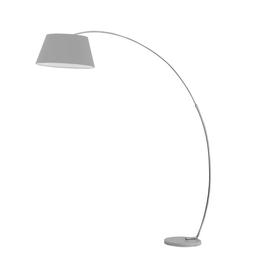 Brick Lane extendable arc floor lamp with grey shade and white marble base