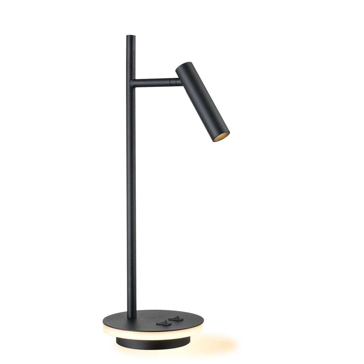 Modern black LED desk lamp with adjustable cylindrical head and illuminated circular base