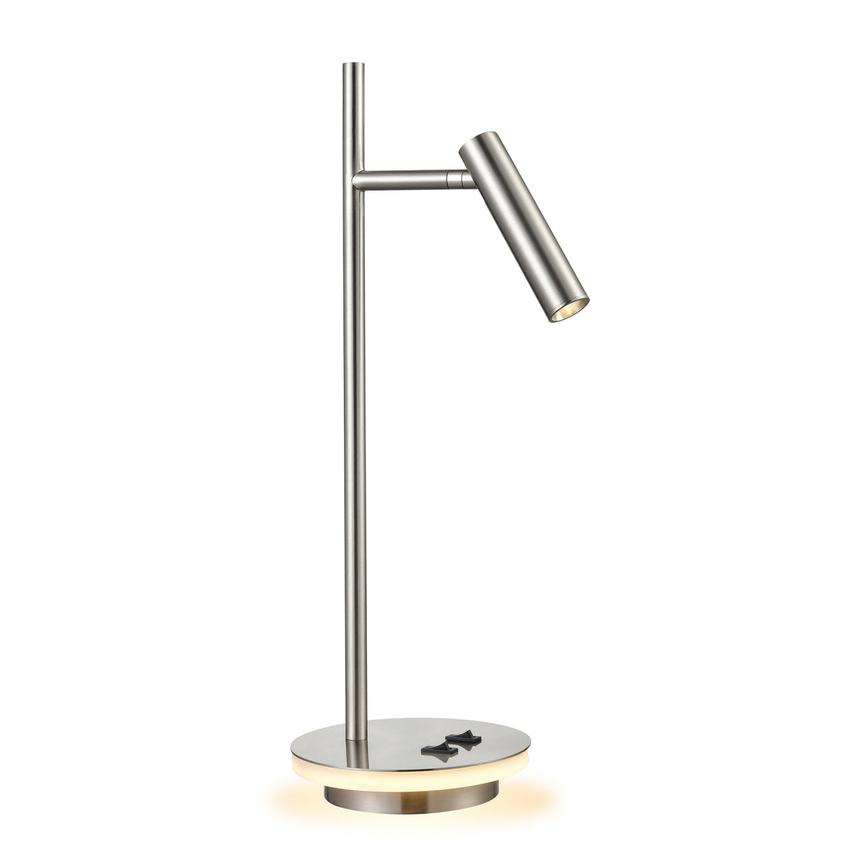 Modern nickel LED desk lamp with illuminated base and adjustable spotlight