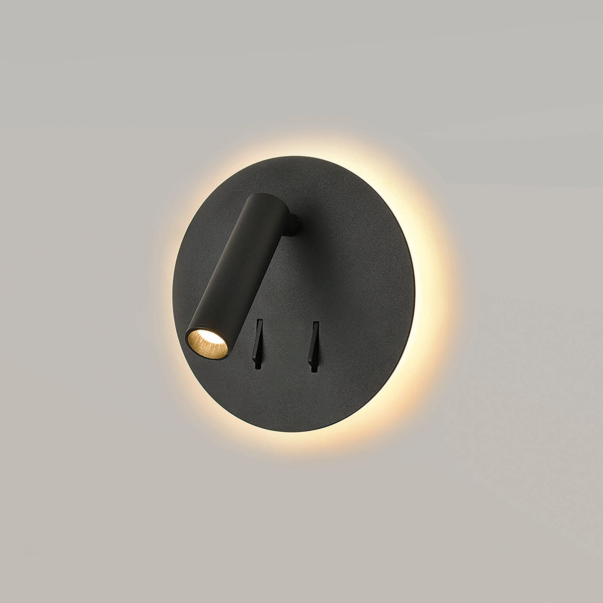 Black round LED wall light with adjustable reading spotlight and soft backlighting