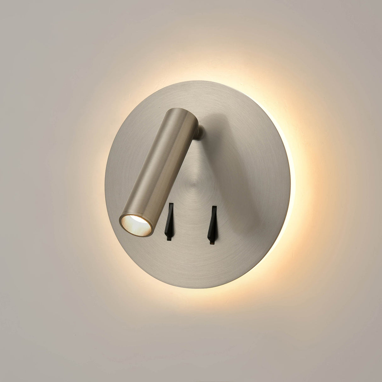 Brick Lane satin nickel LED reading wall light with warm backlight and adjustable spotlight