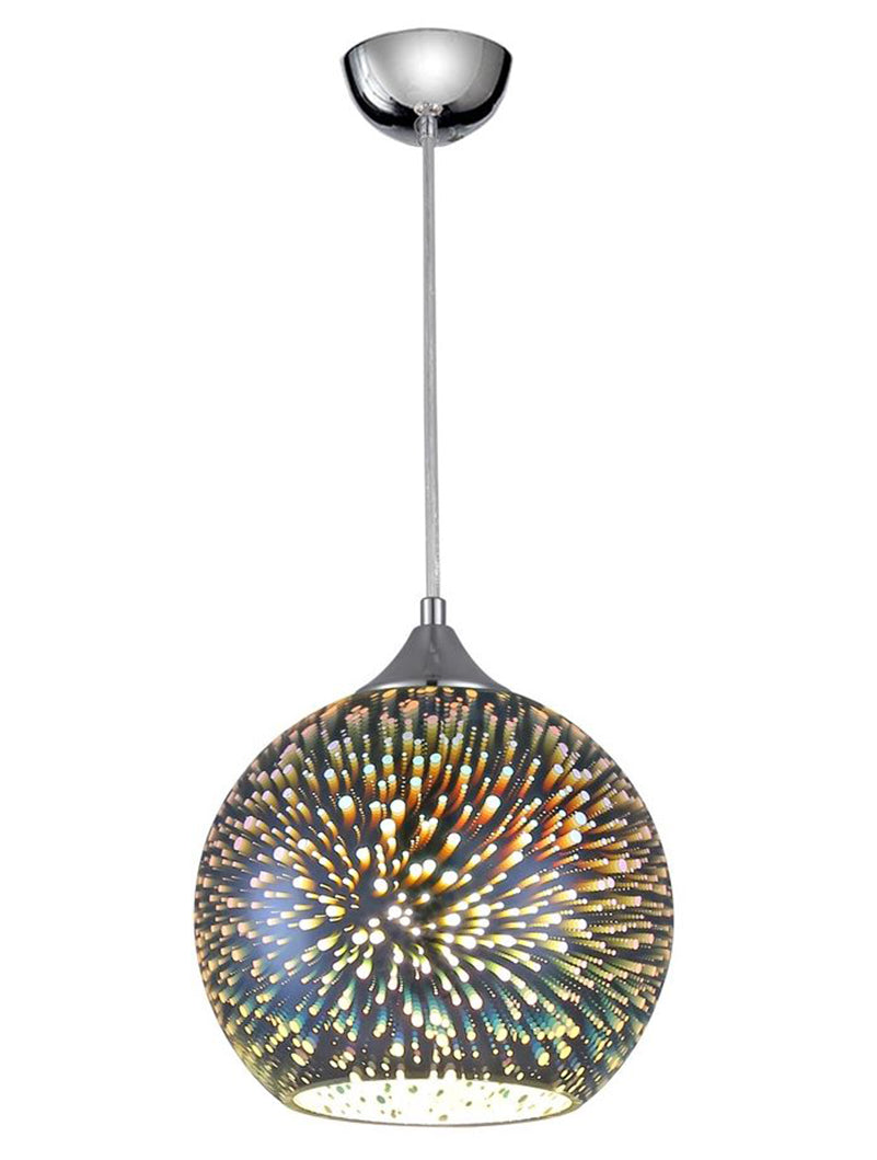 Multi-colored pendant light with polished chrome finish and starburst pattern