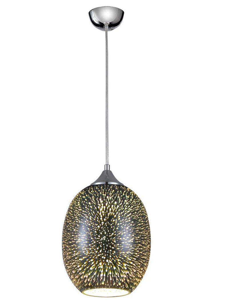 modern pendant light with multi-colored starburst glass shade and polished chrome ceiling mount