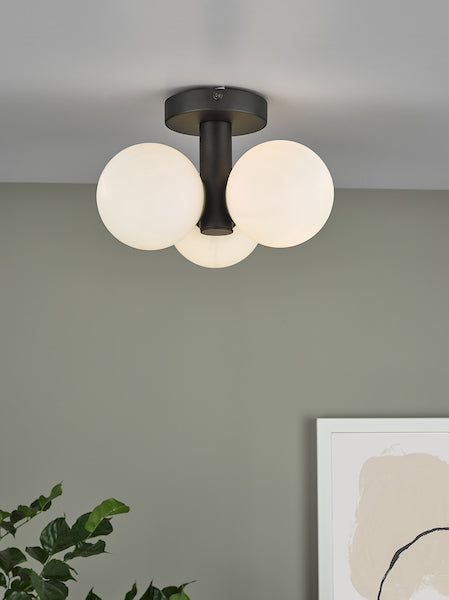 Dar Blake Bathroom Matt Black Opal Glass Ceiling Light IP44 – from Amos Lighting + Home