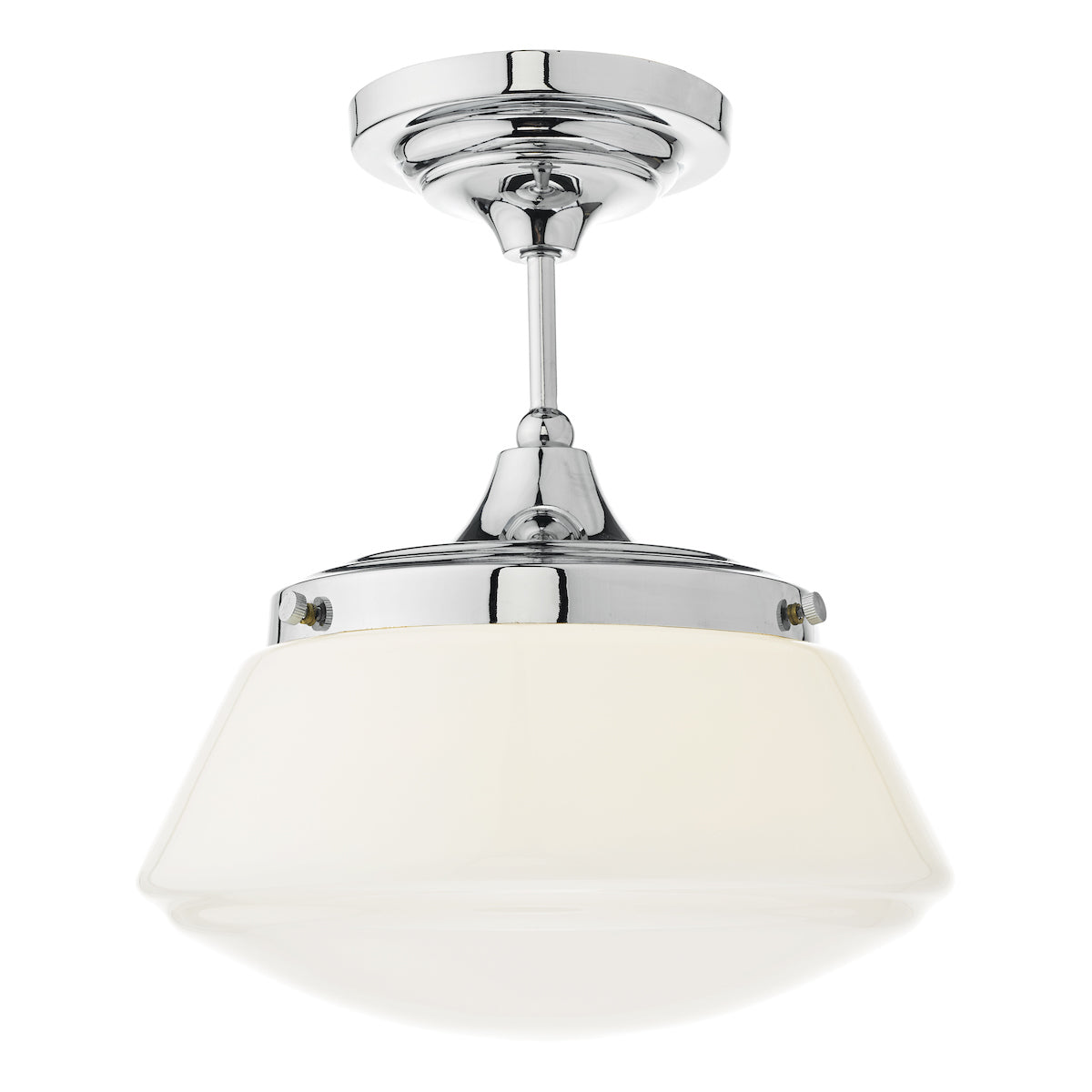 polished chrome semi-flush bathroom ceiling light with white glass shade