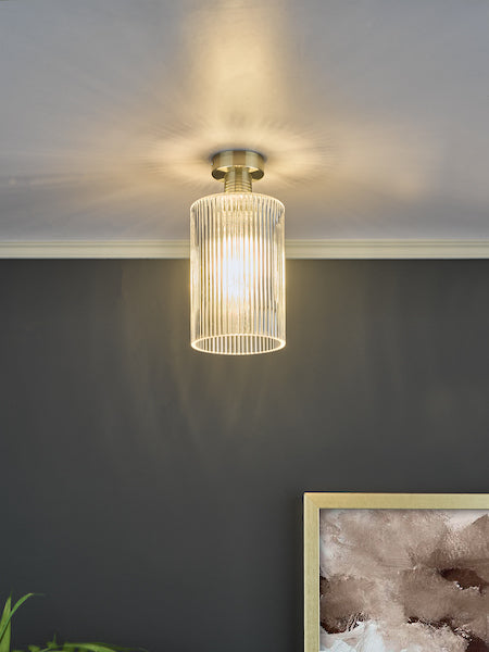 Dar Emerson Semi Flush Antique Brass & Cylinder Ribbed Glass – from Amos Lighting + Home