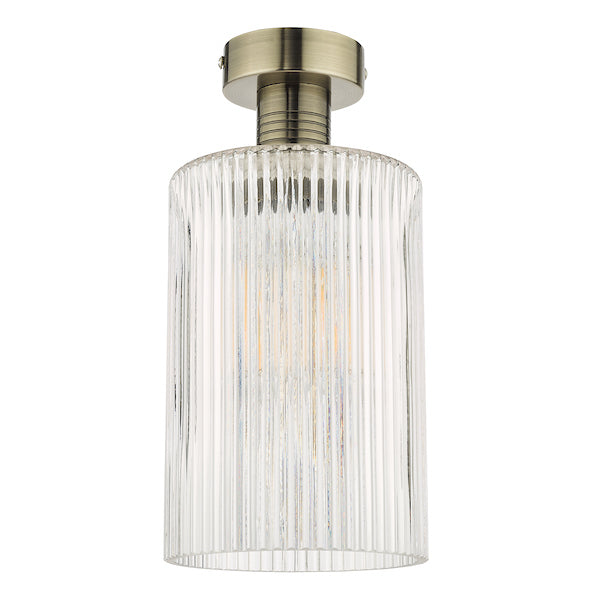 Dar Emerson Semi Flush Antique Brass & Cylinder Ribbed Glass – from Amos Lighting + Home