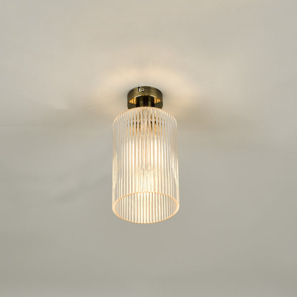 Dar Emerson Semi Flush Antique Brass & Cylinder Ribbed Glass – from Amos Lighting + Home