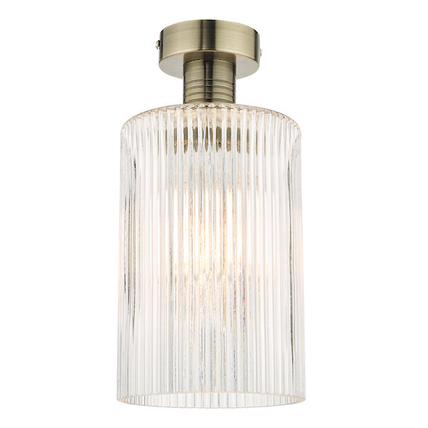 Dar Emerson Semi Flush Antique Brass & Cylinder Ribbed Glass – from Amos Lighting + Home