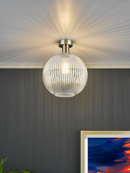 Dar Emerson Semi Flush Antique Brass & Round Ribbed Glass – from Amos Lighting + Home