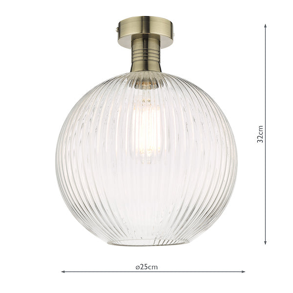 Dar Emerson Semi Flush Antique Brass & Round Ribbed Glass – from Amos Lighting + Home