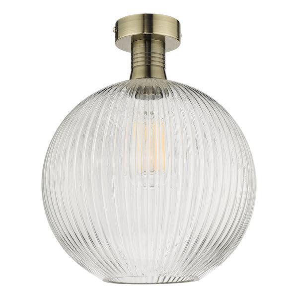 Dar Emerson Semi Flush Antique Brass & Round Ribbed Glass – from Amos Lighting + Home