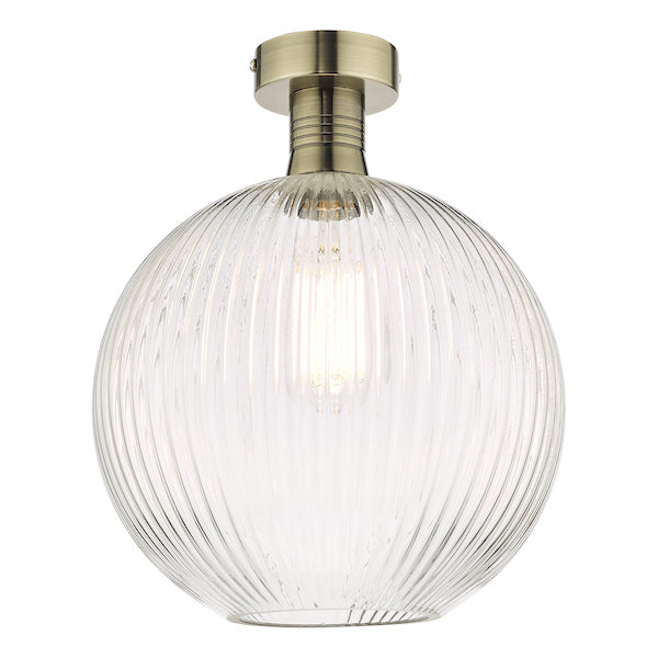 Dar Emerson Semi Flush Antique Brass & Round Ribbed Glass – from Amos Lighting + Home