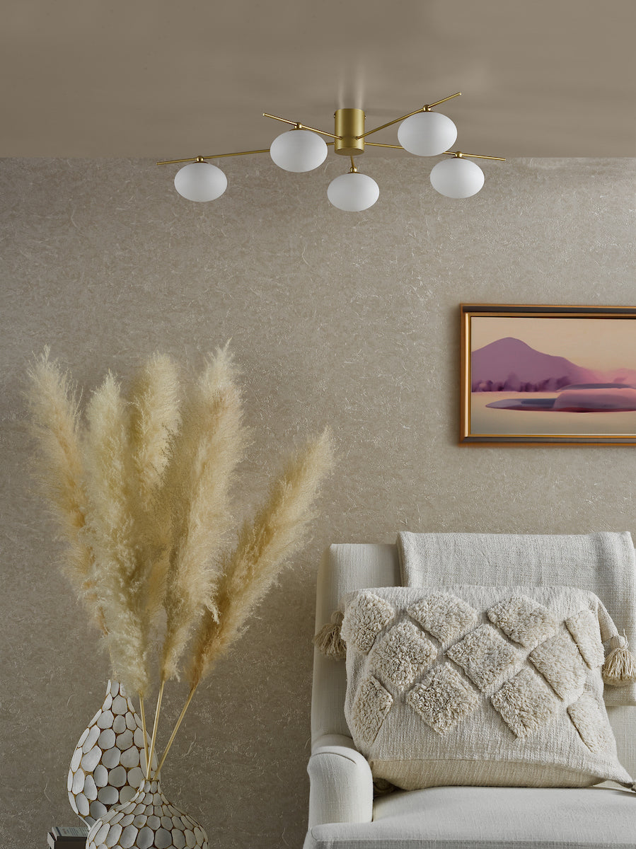 Dar Jasper 5 Light Semi-Flush Satin Gold and Opal Glass – from Amos Lighting + Home