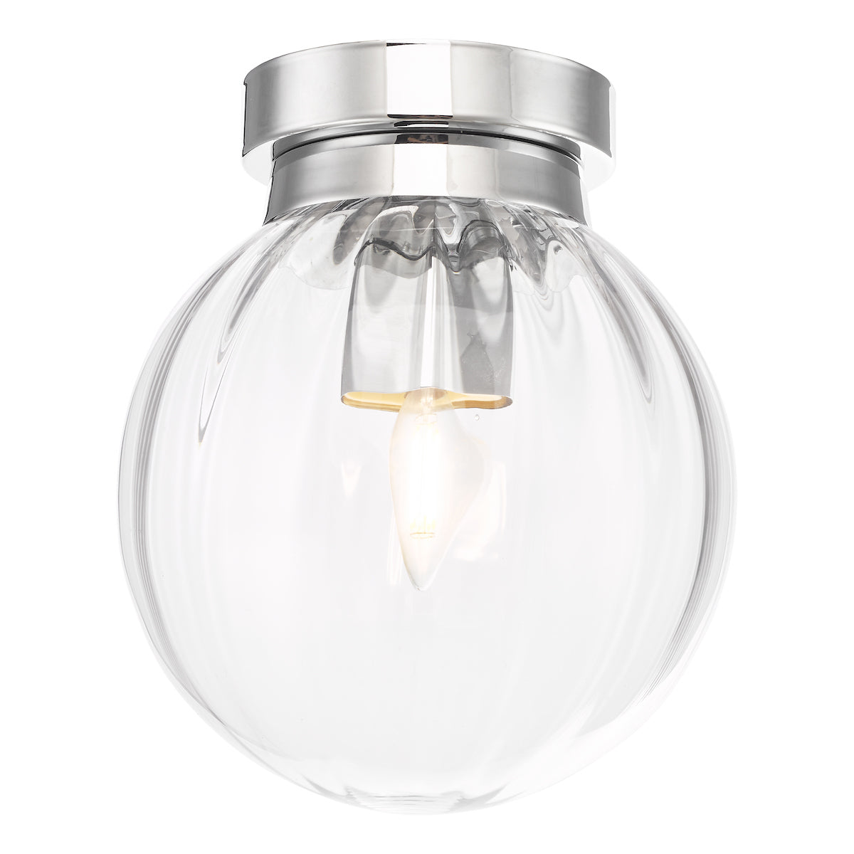 Polished chrome flush ceiling light with clear ribbed glass globe and exposed bulb