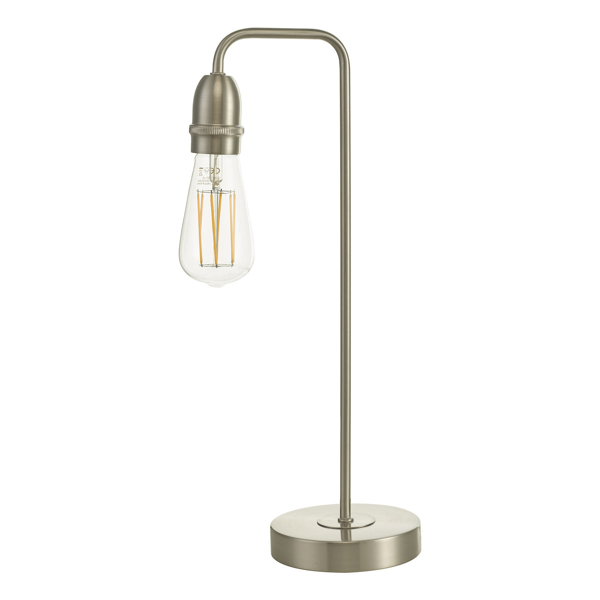 Modern satin chrome table lamp with exposed vintage-style filament bulb on round base