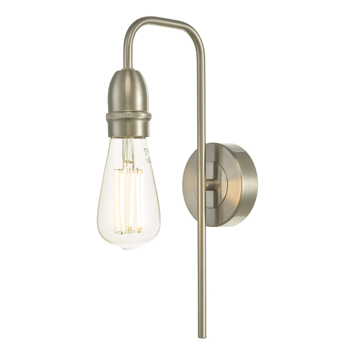 satin chrome wall light fixture with exposed vintage LED bulb and minimalist design