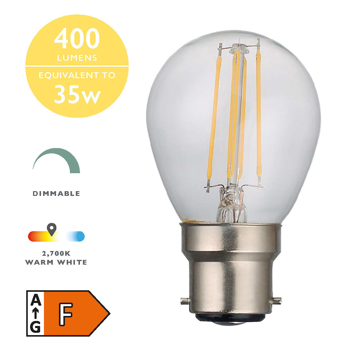 Dimmable 4W B22 LED golf ball light bulb with 400 lumens, 2700K warm white, energy rating F