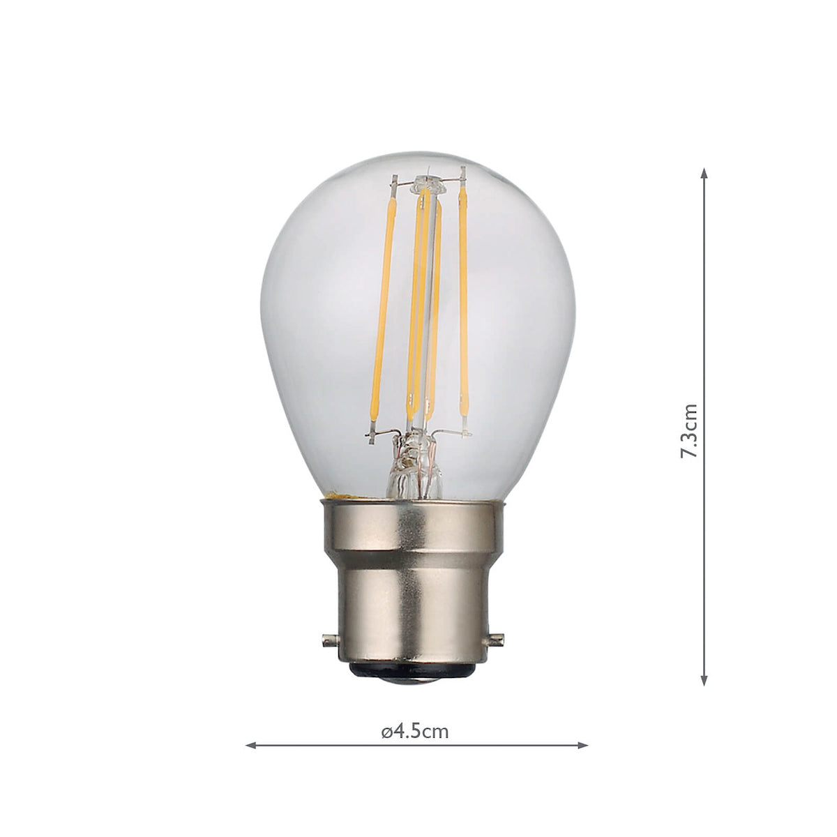 Dimmable 4W LED golf ball light bulb with B22 base, 7.3cm height, 4.5cm diameter