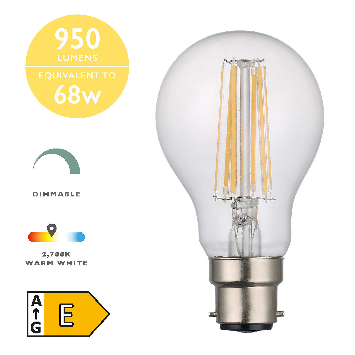 Clear dimmable LED light bulb B22 base 8W 950 lumens warm white 2700K energy rating E