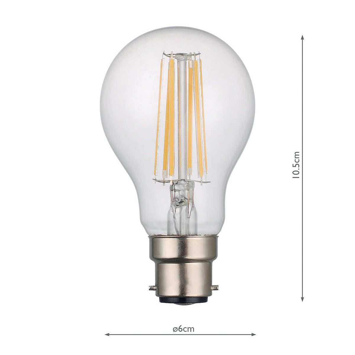 Clear LED light bulb with B22 base, 8W dimmable filament, 10.5cm height and 6cm diameter
