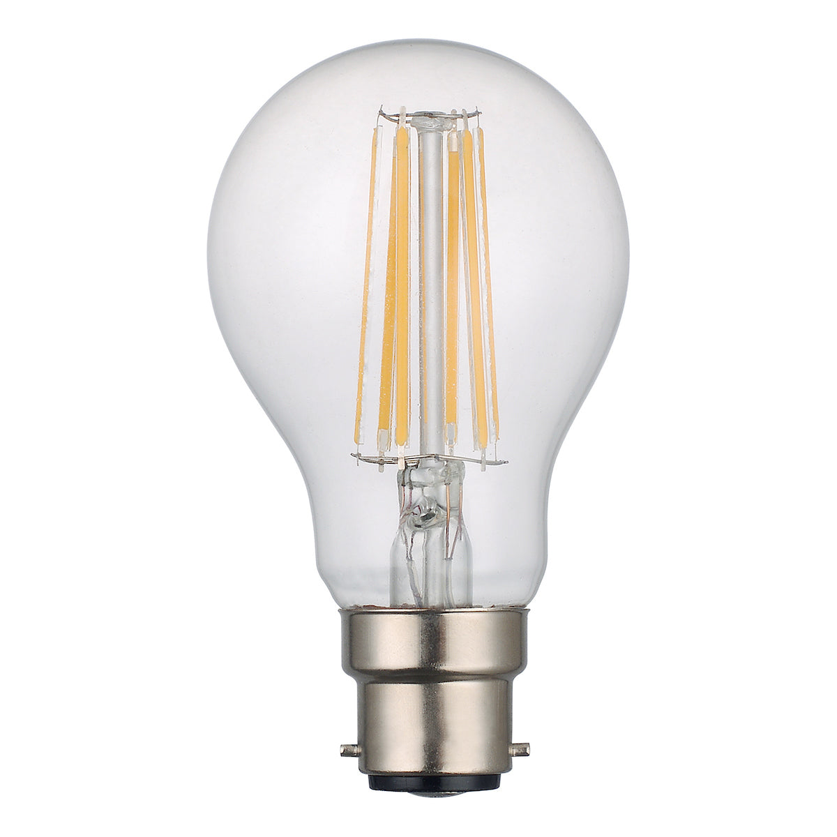 Clear glass LED light bulb with B22 base and visible internal filaments