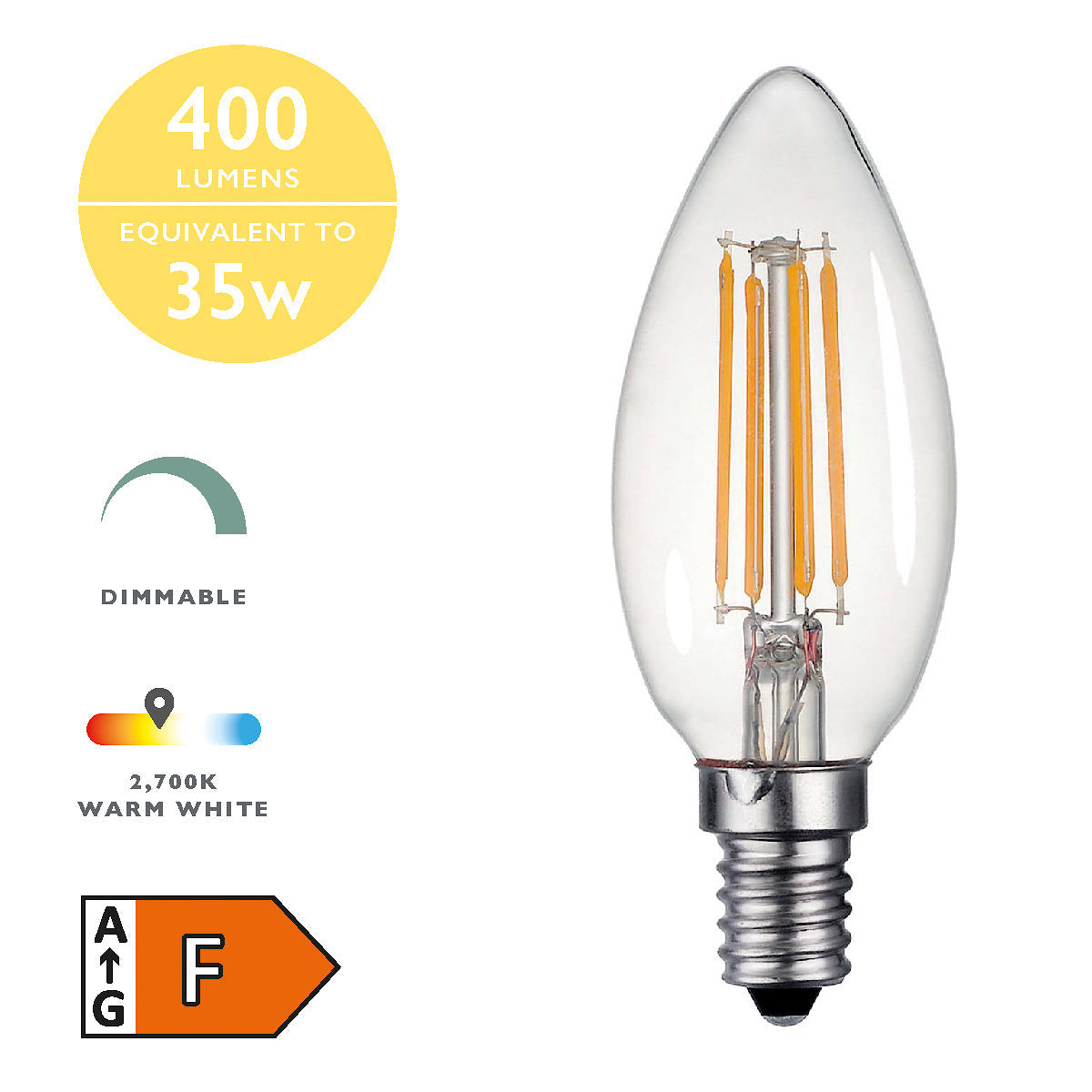 Clear candle LED light bulb E14 base 4W dimmable 2700K warm white 400 lumens