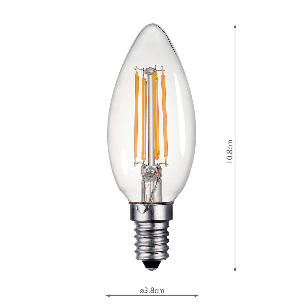 Clear candle-shaped LED light bulb with E14 base, 4W, 10.8cm height, 3.8cm diameter