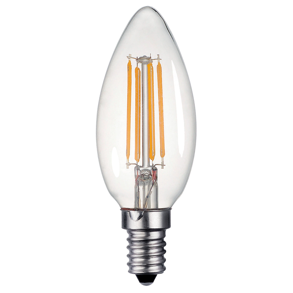 Clear candle-shaped E14 LED light bulb with visible orange filaments and silver screw base