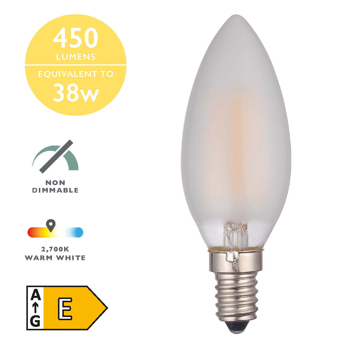 Frosted candle LED light bulb E14 base 4W non-dimmable warm white 2700K 450 lumens