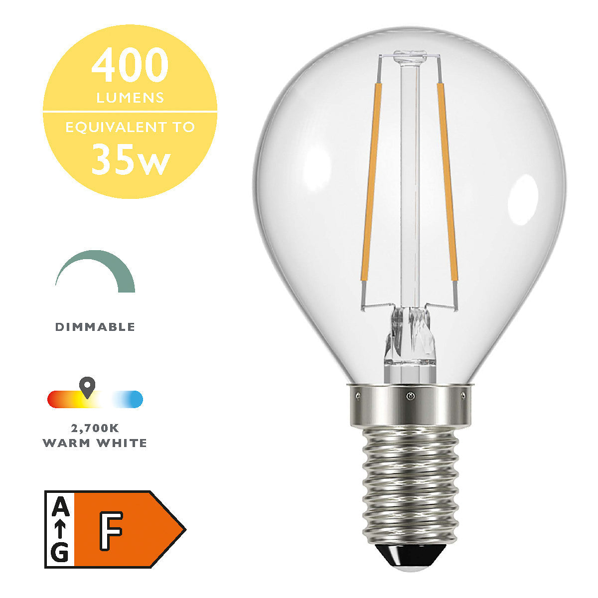 Clear dimmable LED light bulb with E14 base, 400 lumens, 35W equivalent, 2700K warm white